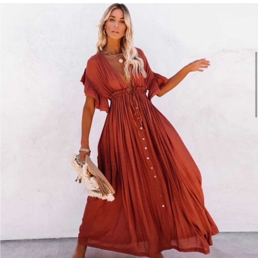 NEW Flowy Deep Plunge Maxi Dress Gauze Cover Up Summer Rust Copper Red Orange